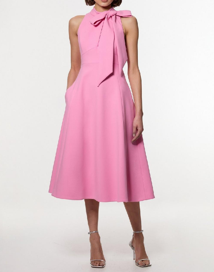 Elegant Stretch Bow Tie Neck Midi Dress