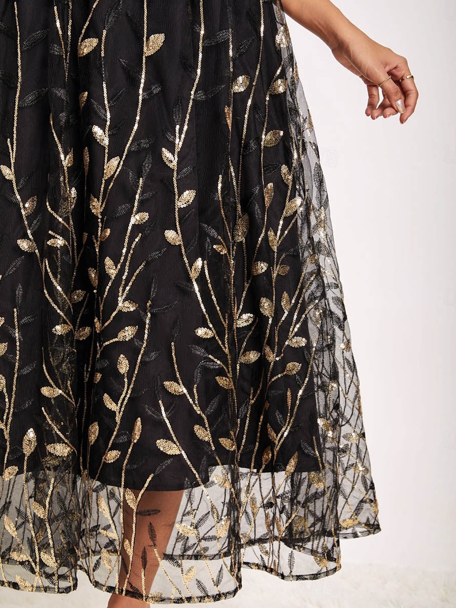 Gold Branch Pattern V-Neck Dress