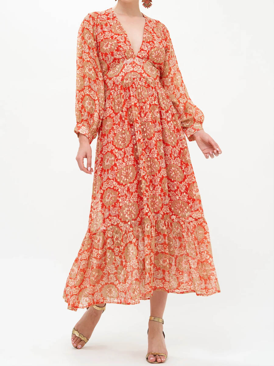 Deep V Neck Long Sleeve Printed Dress | FREIOM®