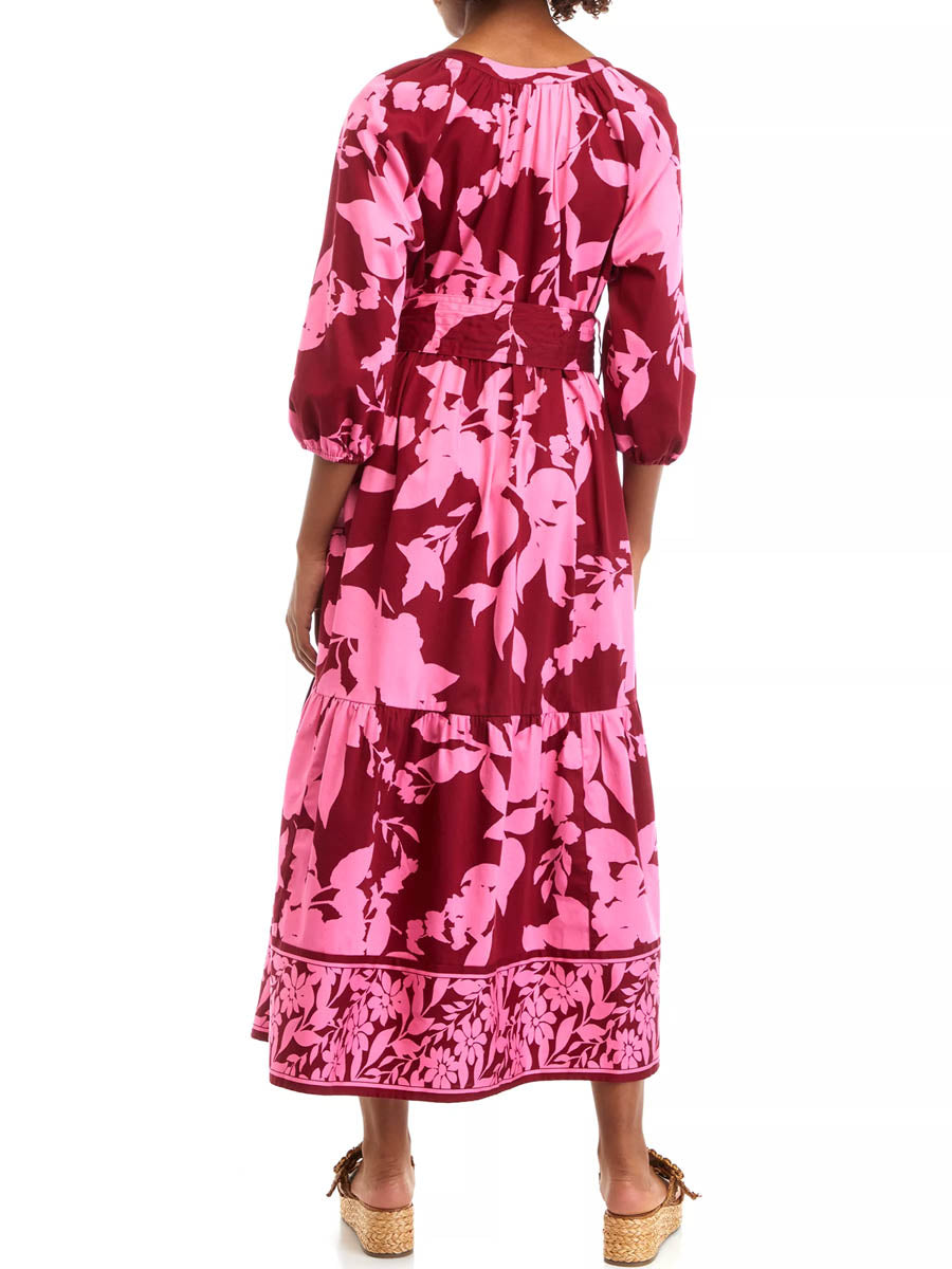 Pink 3/4 Sleeve Belt Printed Maxi Dress | FREIOM®