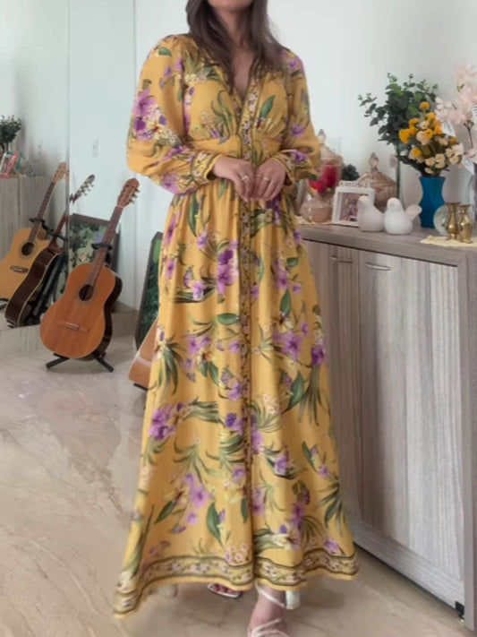 Yellow V Neck Printed Long Sleeve Maxi Dress