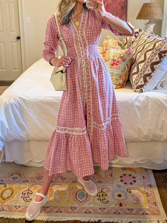 Printed V Neck 3/4Sleeve Pink Dress