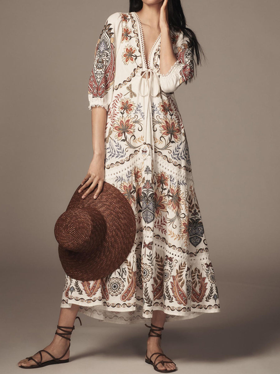 Stunning Printed V Neck Tie Up Maxi Dress