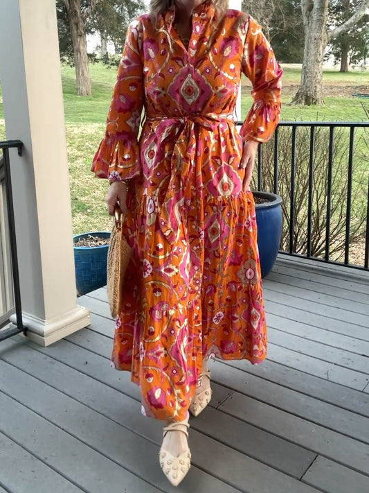 Elegant Printed Bell Sleeve Maxi Dress | FREIOM®