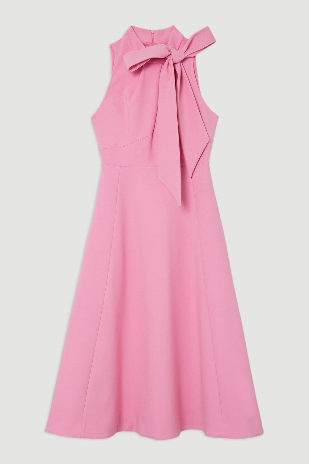 Elegant Stretch Bow Tie Neck Midi Dress