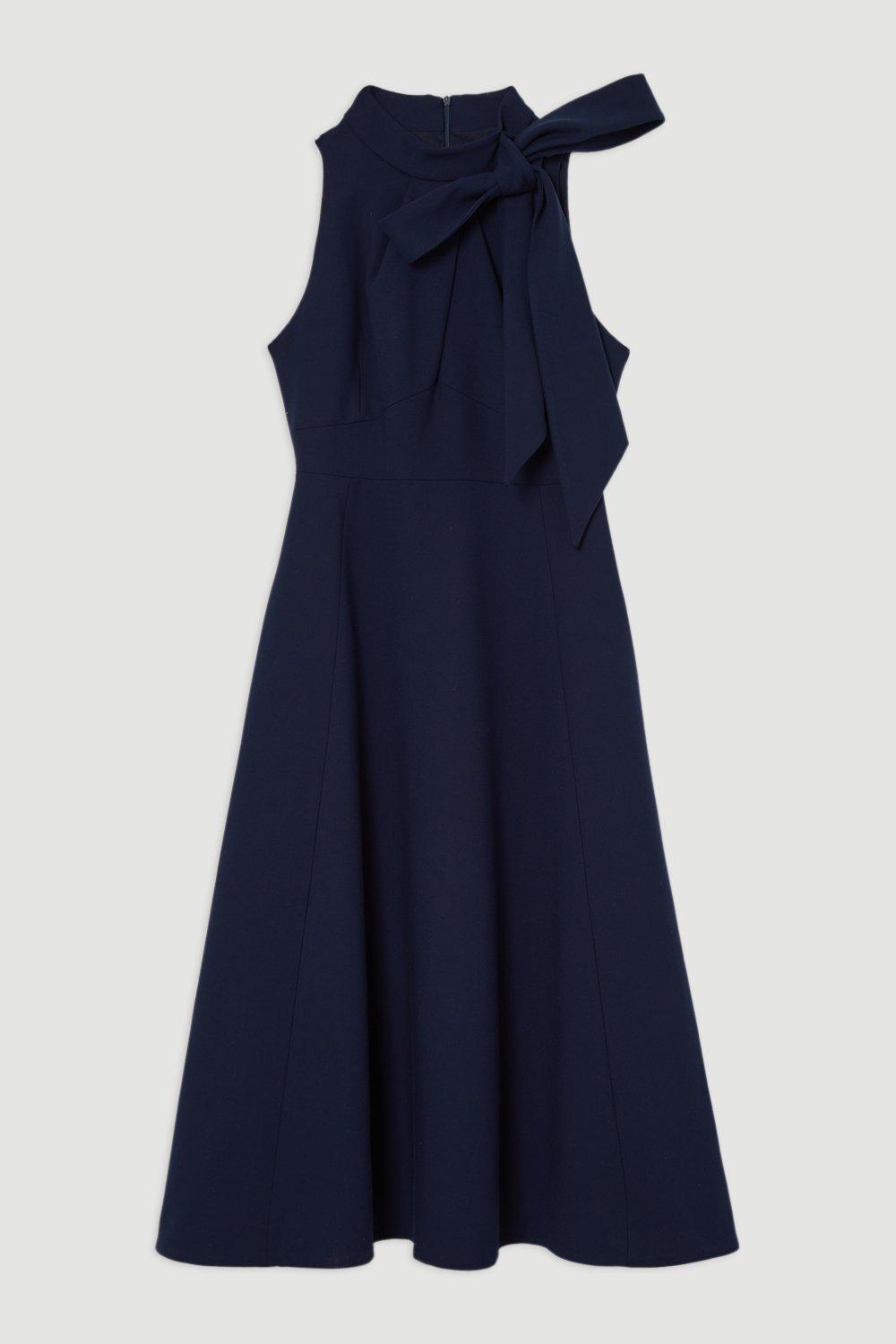 Elegant Stretch Bow Tie Neck Midi Dress