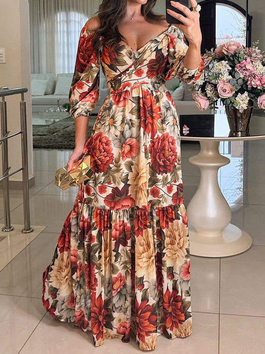 Deep V Neck Floral Print Fashion Maxi Dress