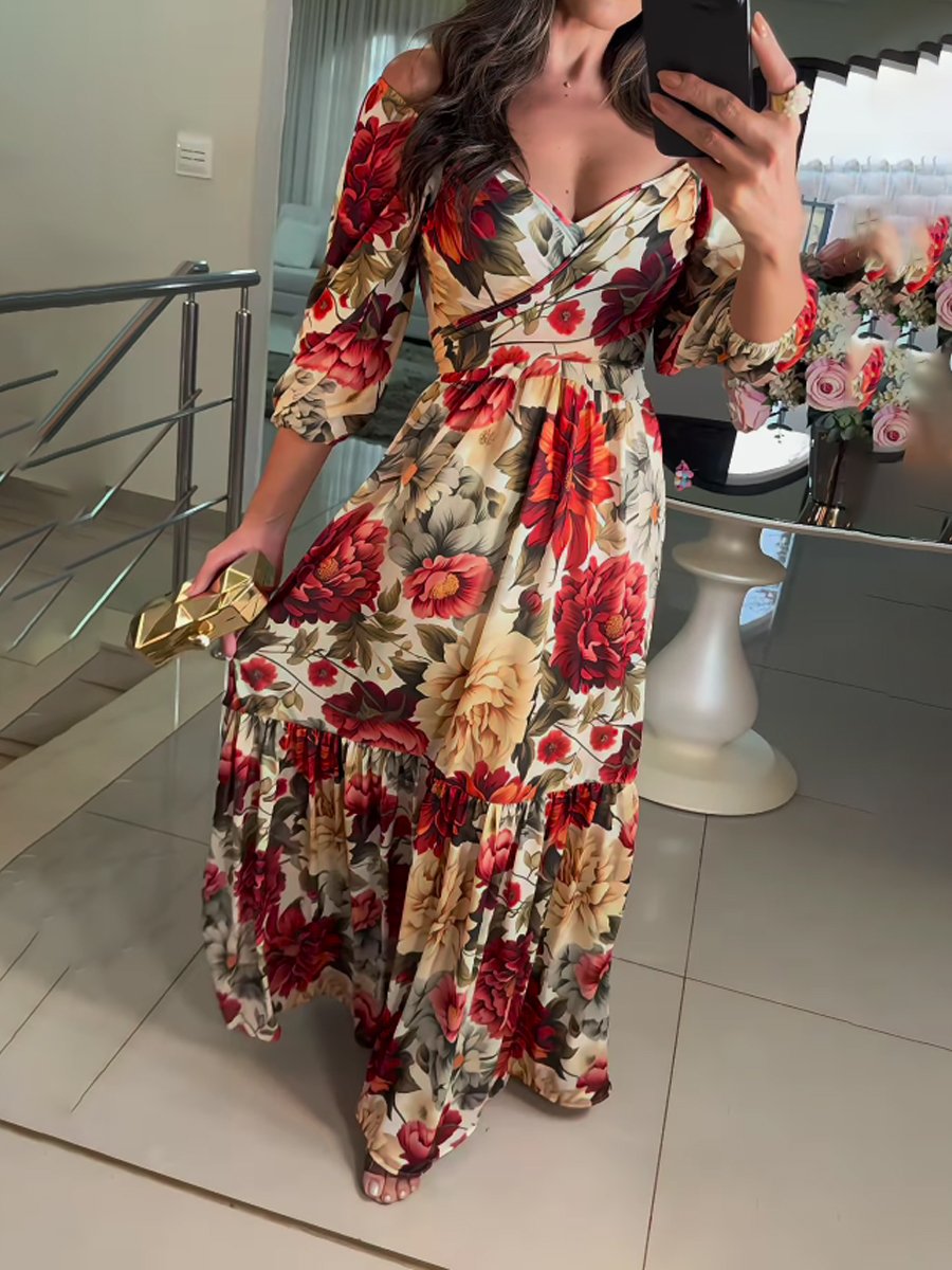 Deep V Neck Floral Print Fashion Maxi Dress