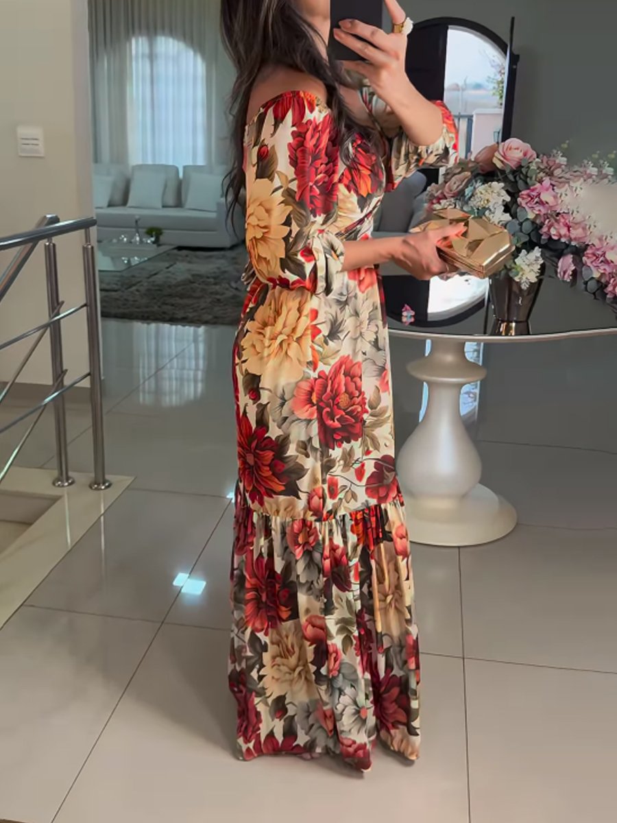 Deep V Neck Floral Print Fashion Maxi Dress