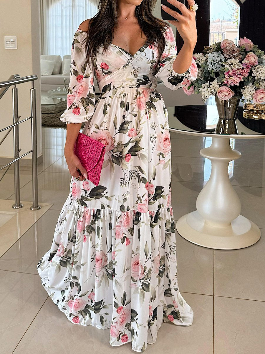 Deep V Neck Floral Print Fashion Maxi Dress