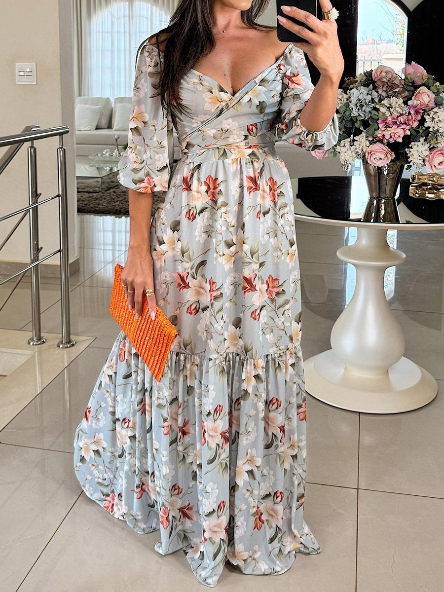 Deep V Neck Floral Print Fashion Maxi Dress