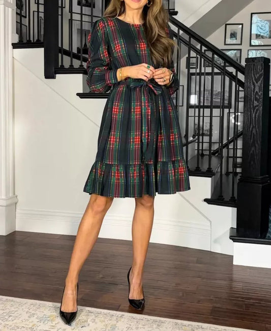 Unique Plaid Print Long Sleeve Midi Dress