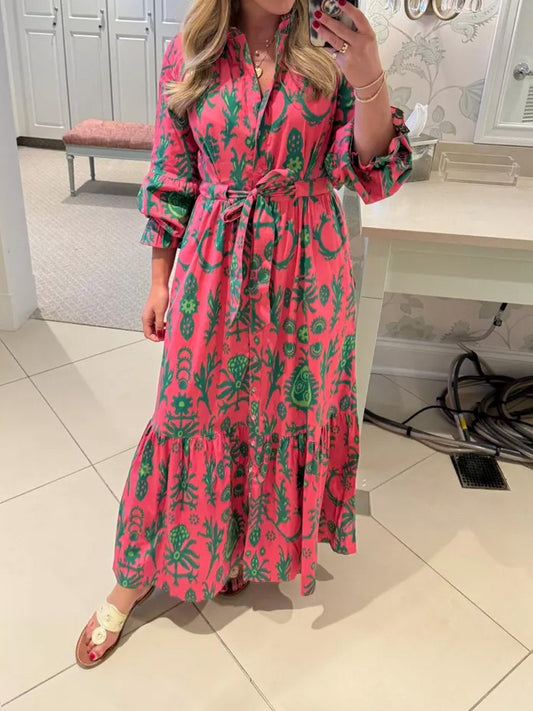 Printed Lace Up Long Sleeve Maxi Dress