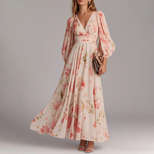 Deep V-Neck Pink Floral Print Maxi Tunic Dress | FREIOM®