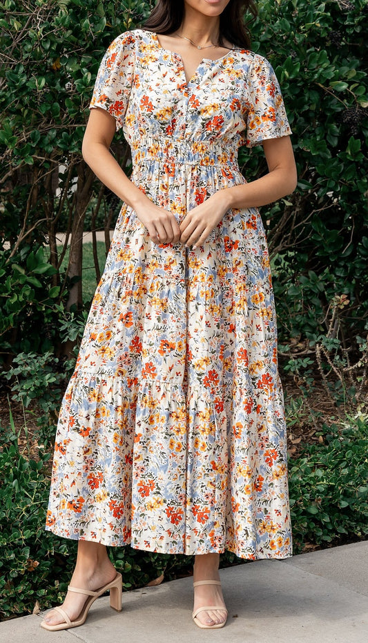 Multi Floral V-Neck Maxi Dress | FREIOM®