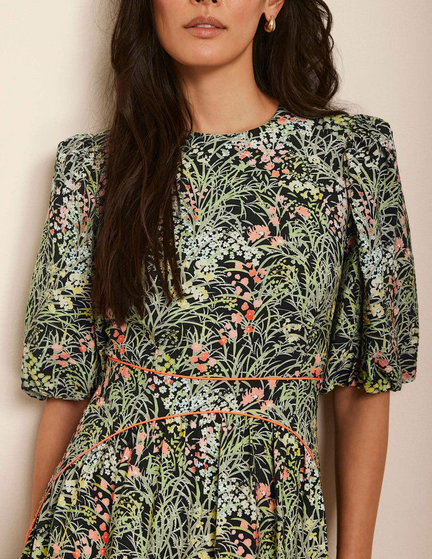 Green Puff Sleeve Floral Midi Dress | FREIOM®