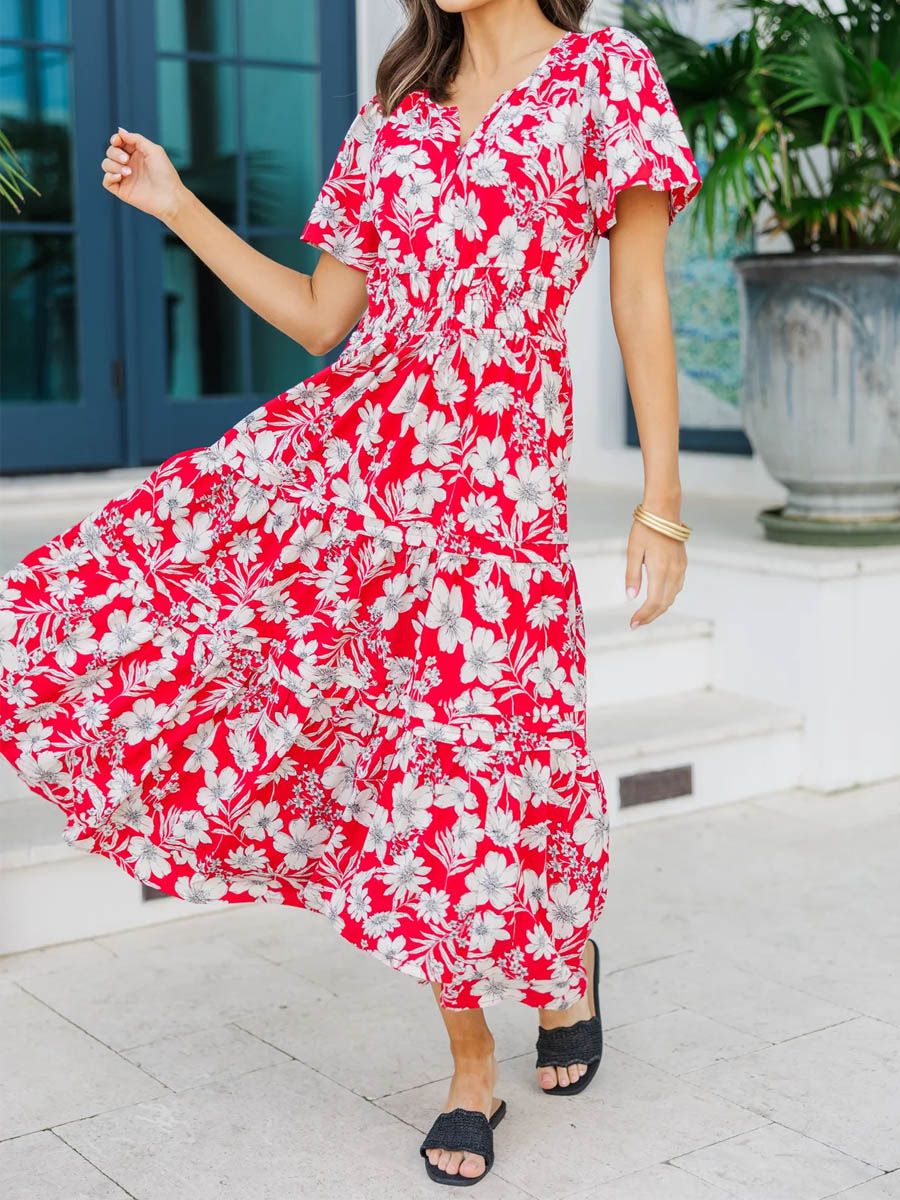 Split V-neck Smocked Waist Printed Tiered Midi Dress