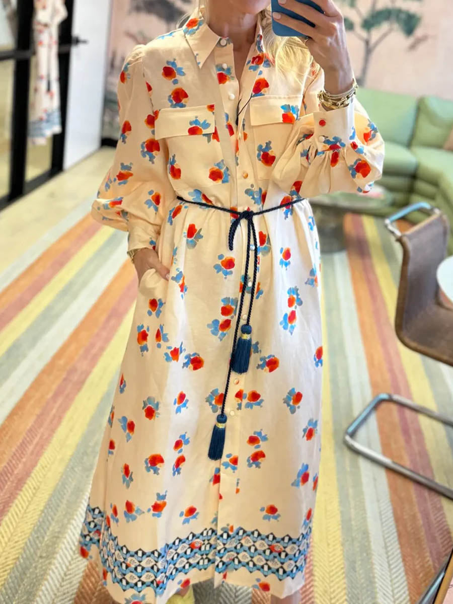 Printed Long Sleeve Tie-up Shirtdress | FREIOM®