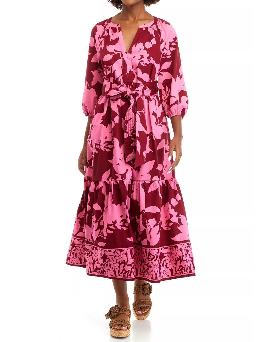 Pink 3/4 Sleeve Belt Printed Maxi Dress | FREIOM®