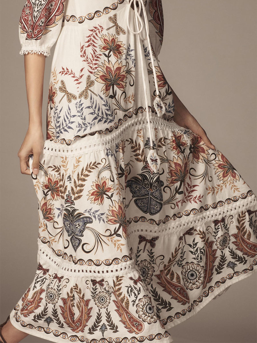 Stunning Printed V Neck Tie Up Maxi Dress