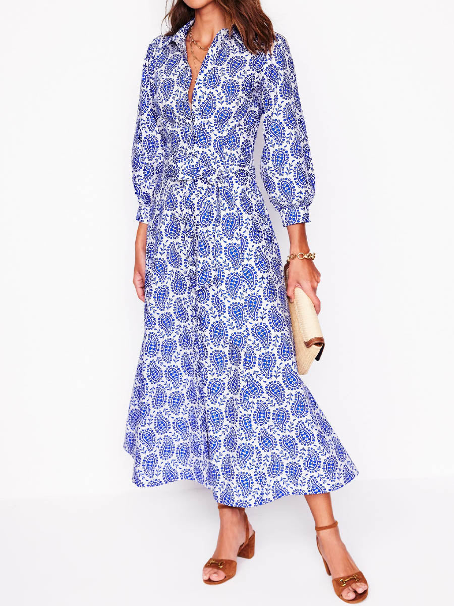 Printed Button Up Belted Shirtdress | FREIOM®