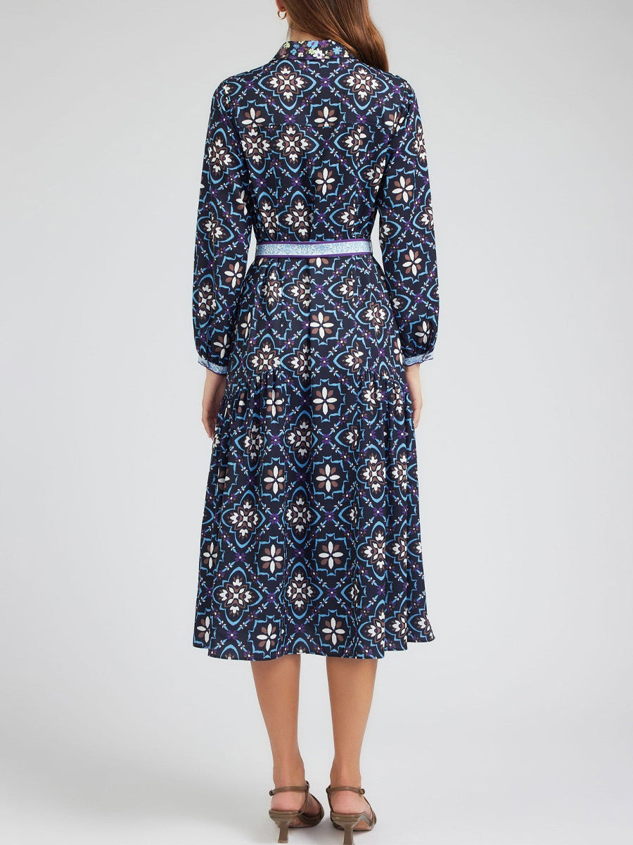 Printed Button Up Belted Shirtdress