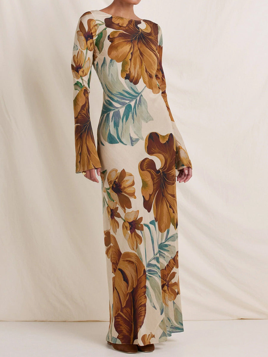 Open Back Printed Long Sleeve Maxi Dress | FREIOM®