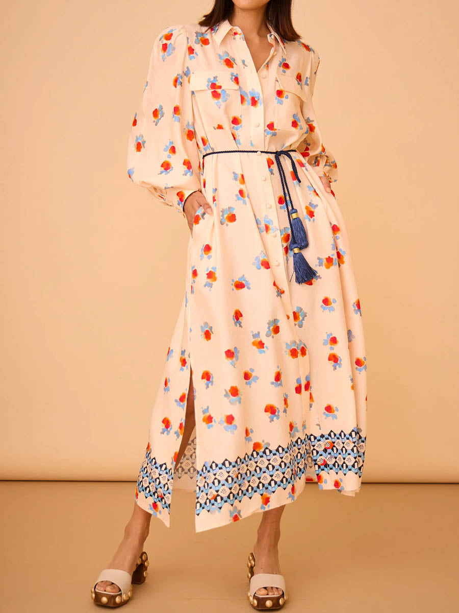 Printed Long Sleeve Tie-up Shirtdress | FREIOM®