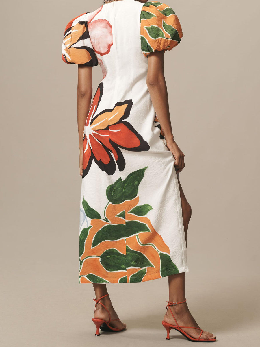 Printed V Neck Puff Sleeve A-Line Maxi Dress