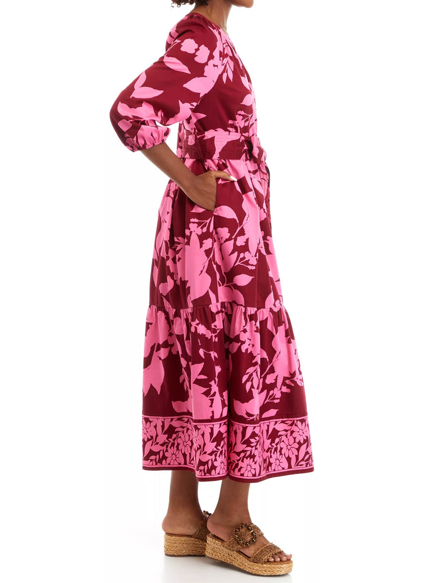 Pink 3/4 Sleeve Belt Printed Maxi Dress | FREIOM®