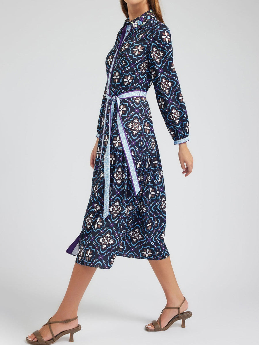 Printed Button Up Belted Shirtdress