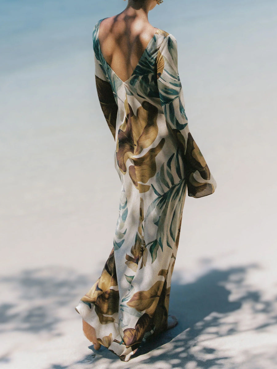 Open Back Printed Long Sleeve Maxi Dress | FREIOM®