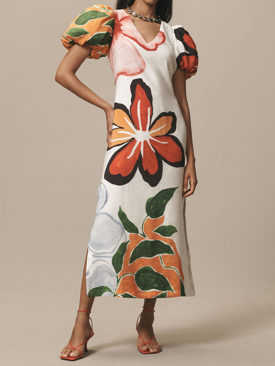 Printed V Neck Puff Sleeve A-Line Maxi Dress