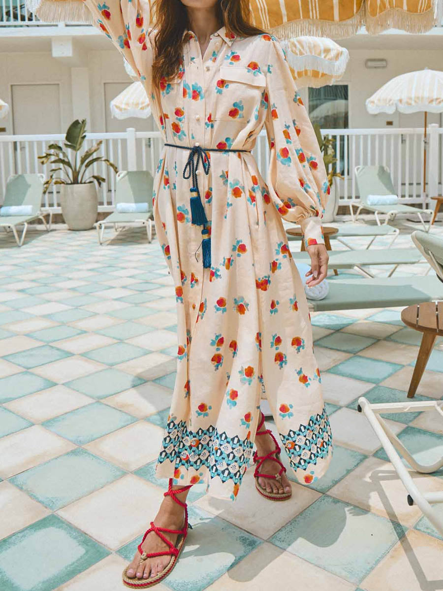 Printed Long Sleeve Tie-up Shirtdress | FREIOM®