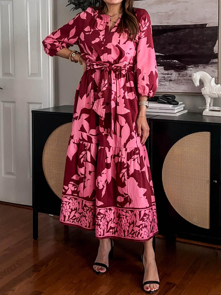 Pink 3/4 Sleeve Belt Printed Maxi Dress | FREIOM®