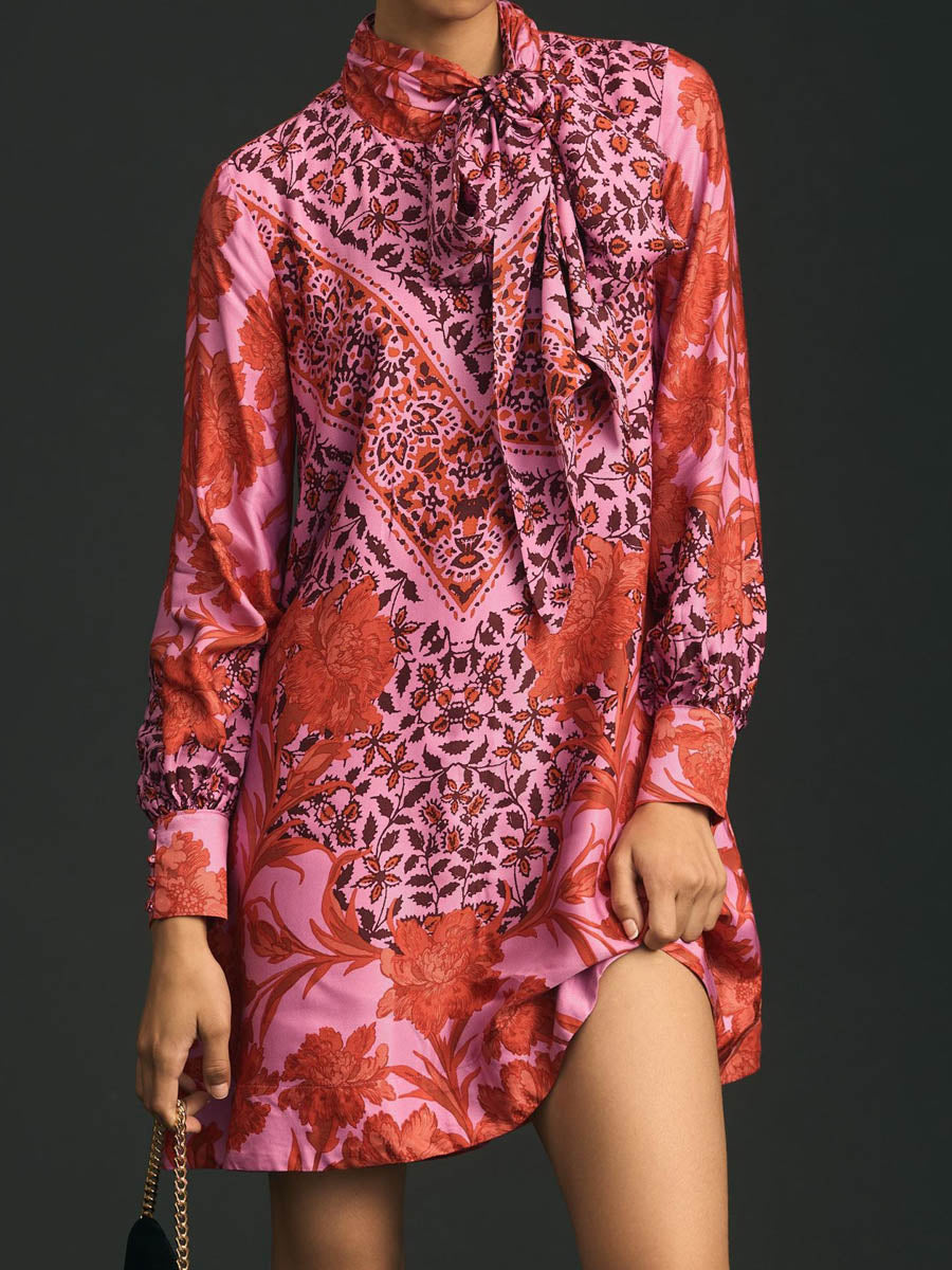 Gorgeous Elegant Tie-Neck Printed Mini Dress | FREIOM®