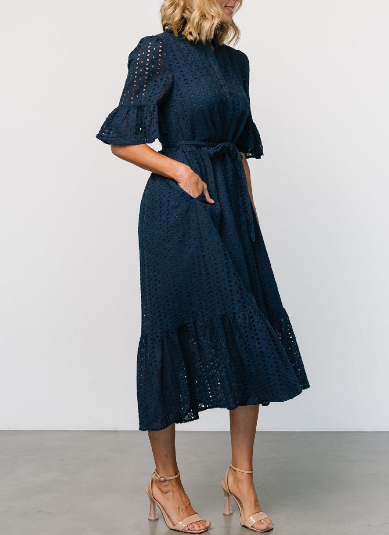 Eyelet Short Sleeve Midi Dress