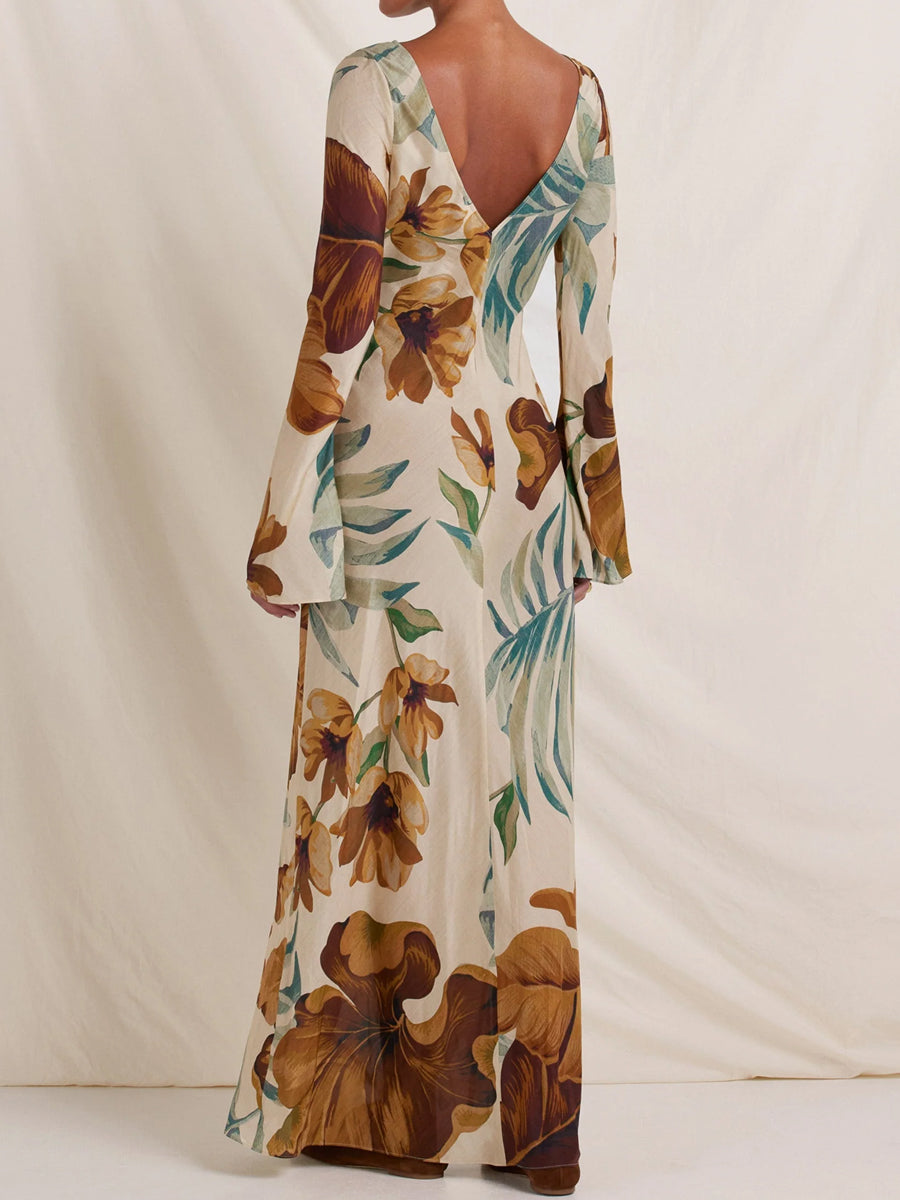 Open Back Printed Long Sleeve Maxi Dress | FREIOM®