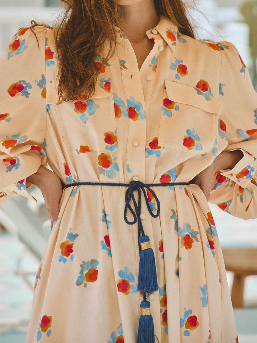 Printed Long Sleeve Tie-up Shirtdress | FREIOM®