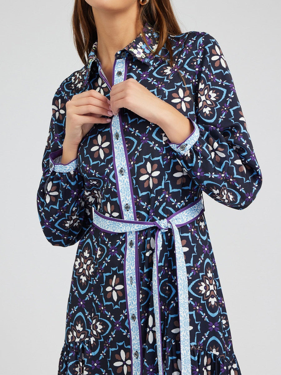 Printed Button Up Belted Shirtdress