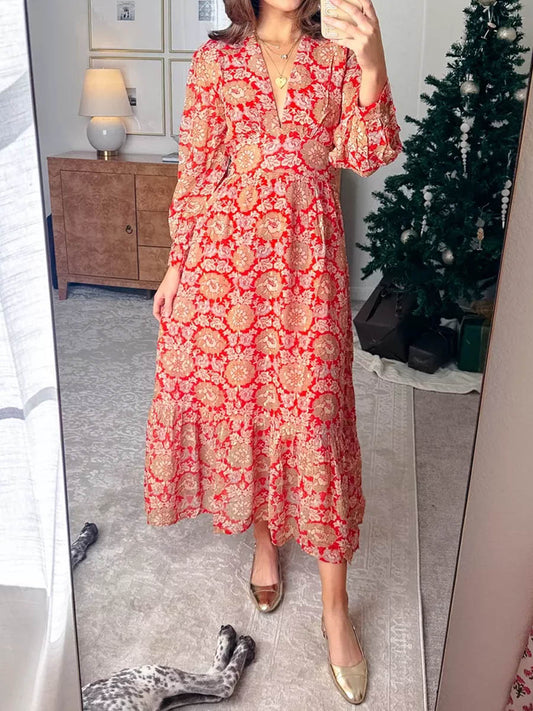 Trendy Deep V Neck Long Sleeve Printed Dress