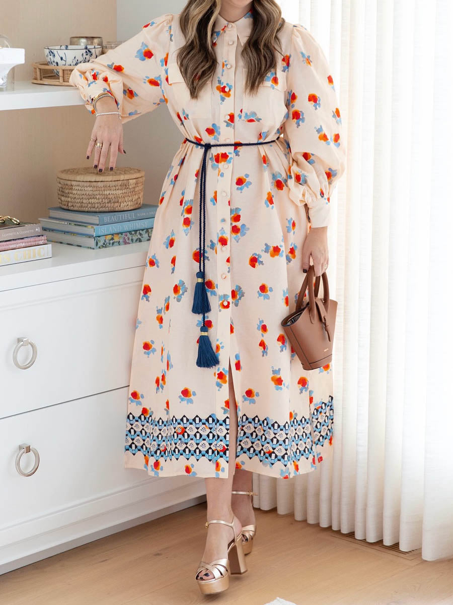 Printed Long Sleeve Tie-up Shirtdress | FREIOM®