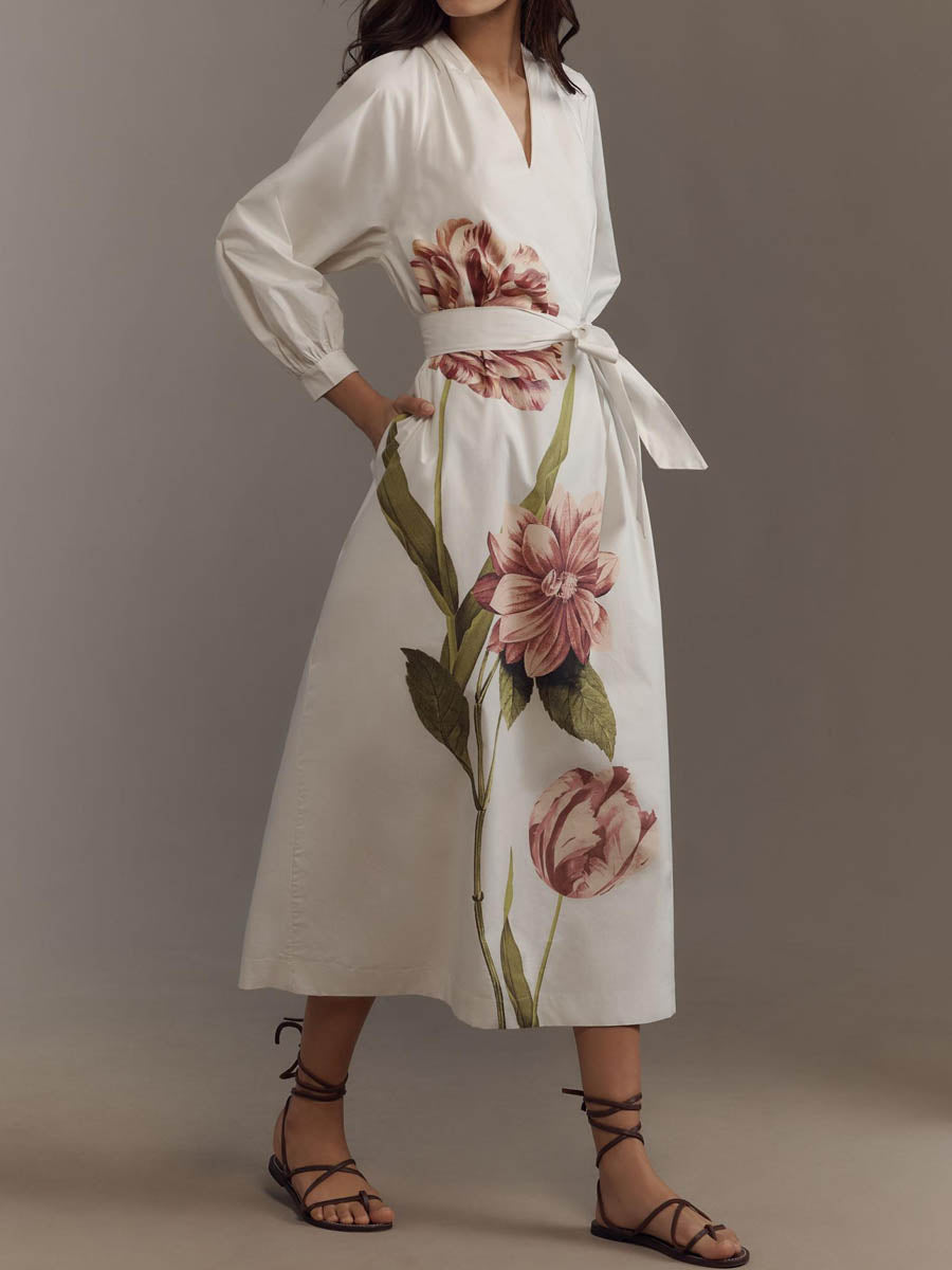 Elegant Printed Belted V-Neck Midi Dress | FREIOM®