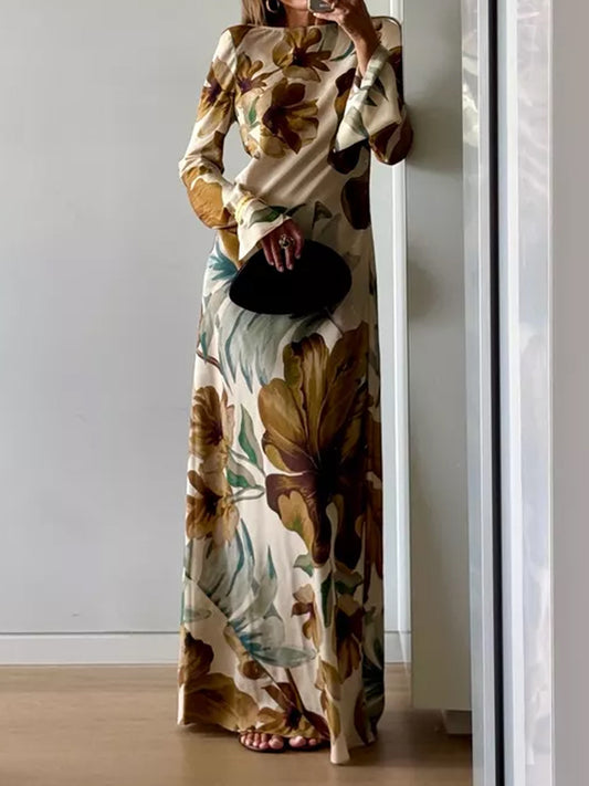 Open Back Printed Long Sleeve Maxi Dress | FREIOM®