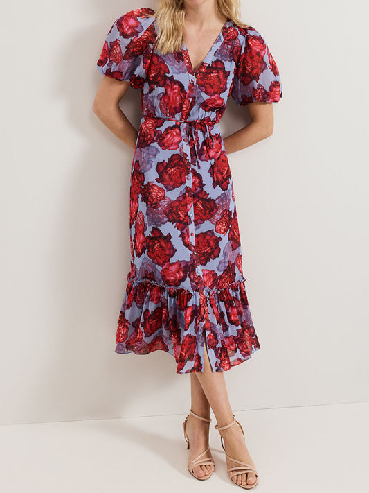 Printed Puff Sleeve Midi Dress | FREIOM®