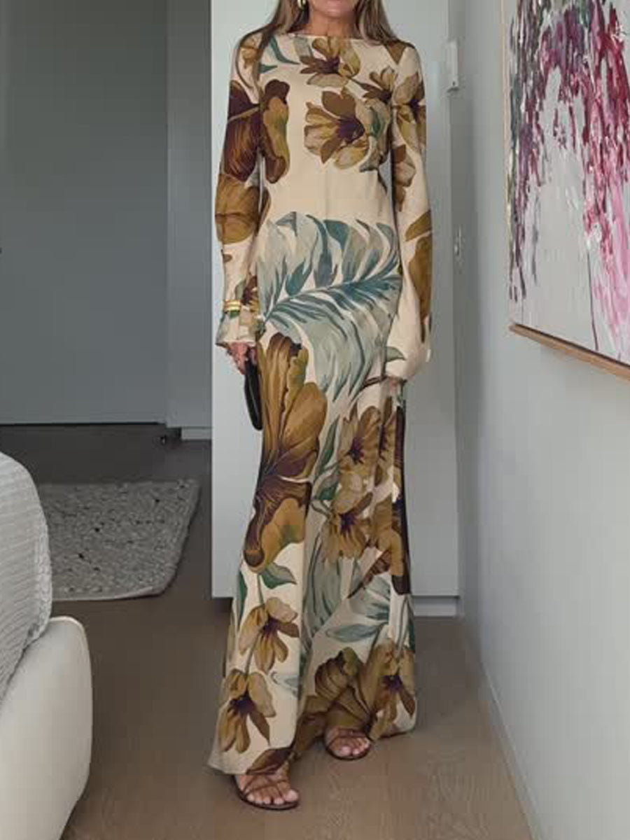 Open Back Printed Long Sleeve Maxi Dress | FREIOM®