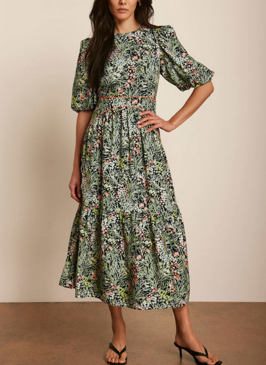 Green Puff Sleeve Floral Midi Dress | FREIOM®