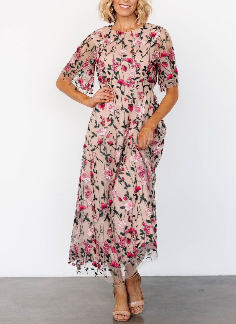 Elegant Embroidered Tulle Maxi Dress