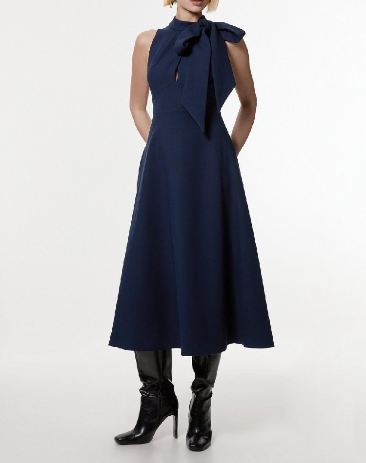 Elegant Stretch Bow Tie Neck Midi Dress