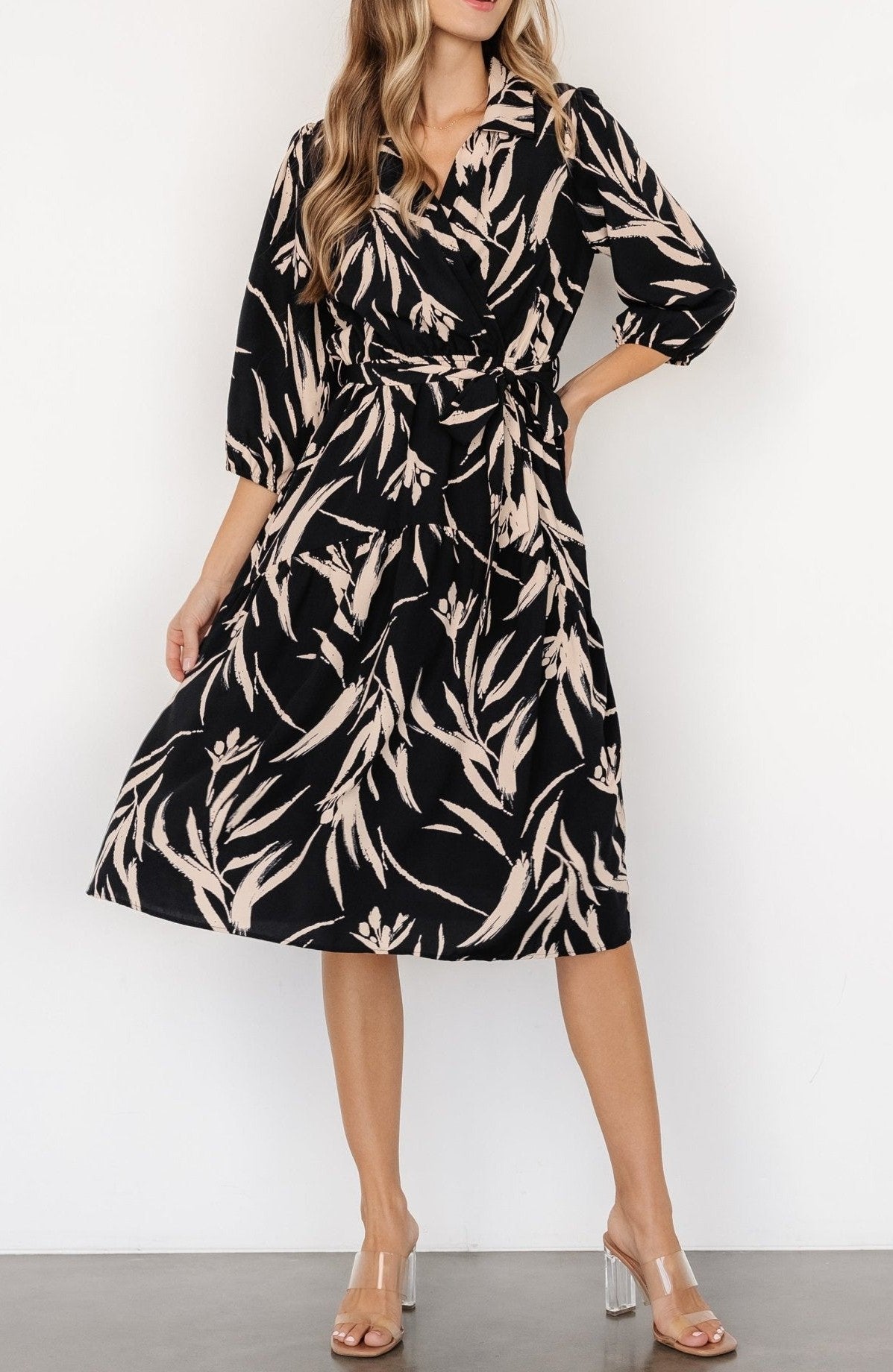 Stylish Plant Print V-Neck Midi Dress | FREIOM®